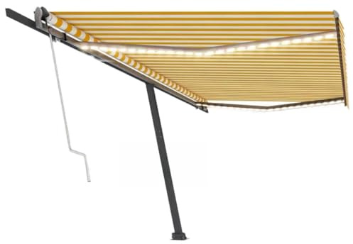 Auvent automatique à bras articulés avec éclairage LED, capteur de vent, 500 x 300 cm, jaune/blanc, résistant aux UV et à l'eau, pour terrasse, extérieur