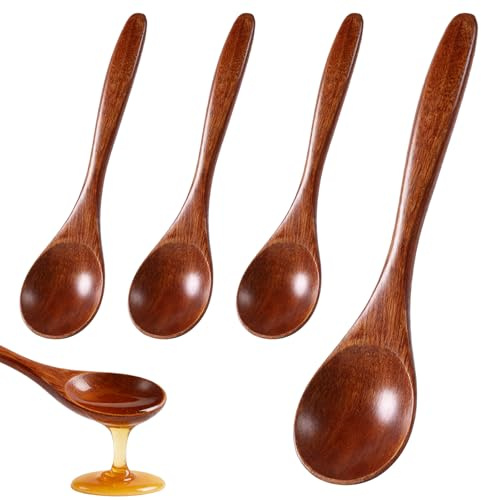 4PCS Wooden Spoons for Eating – 17cm Small Wood Teaspoons & Honey Spoons – Little Wooden Table Spoons for Stirring Coffee, Cooking, Desserts & Cereal