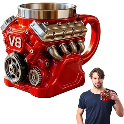 AUOQZ V8 Engine Coffee Mug Car Model Themed Retro Mechanic Craft Mugs Hot Drinks Travel Mug Novelty Mechanical Parts Stainless Steel Tool Cups Cool Gifts for Mechanics Car Enthusiast Men