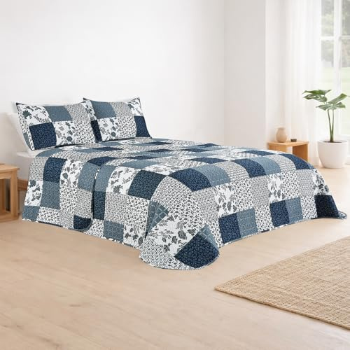 DALINA Colcha Bouti Estampada Cama 150 (250x265 cm), Cubre Cama Reversible con 2 Fundas de Cojín, Suave y Ligera Primavera Verano, Patrón Patchwork Azul