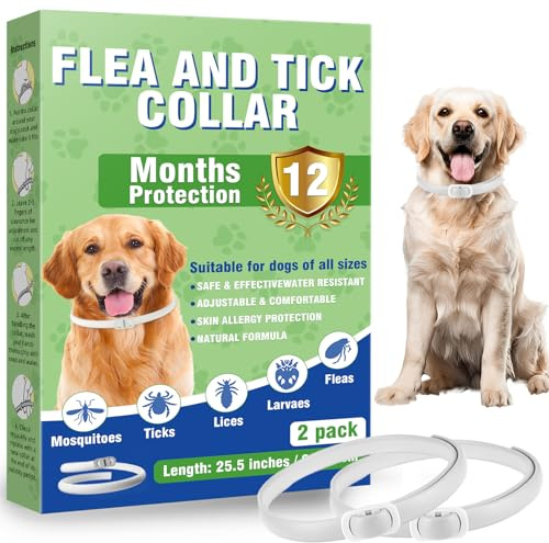 Collare Antiparassitario Per Cani, Collare Antipulci Cane Naturale, Regolabile e Morbido sulla Pelle, Protezione Efficace fino a 12 Mesi, Impermeabile, Adatto a Cani Piccoli, Medi e Grandi (2 Pack)
