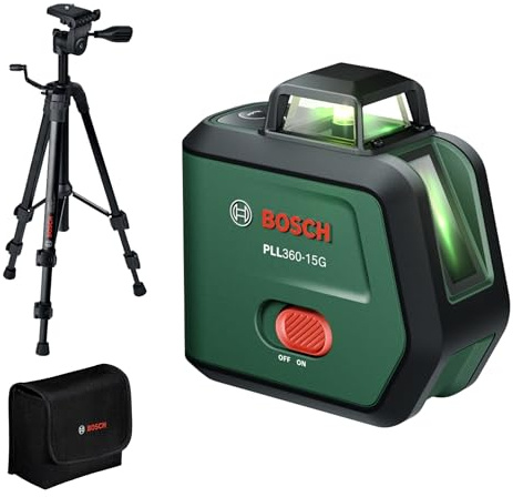 Bosch Linjelaser PLL360‑15G (360° gröna laserlinjer, IP54 damm‑ och vattenskydd, Li‑ionbatteri med USB‑C‑laddning, inkl. TT 120 stativ, förvaringspåse och manual)