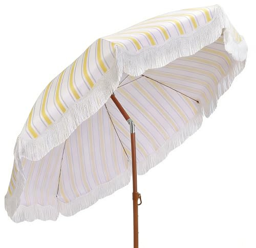 Parasol De Jardin Rayé Jaune Et Blanc, Parasol De Plage À Franges De 185 Cm Inclinable, Parasol De Terrasse Extérieur Pour Camping, Piscine, Jardin, Plage Et Marché