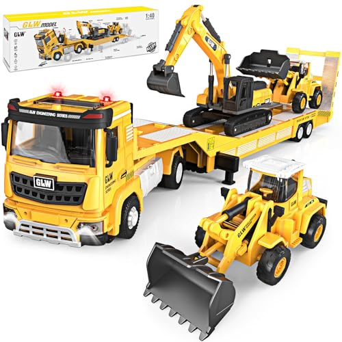 Regalo para Niño de 3 4 5 6 7 Años, Camión Transportador Largo con Luces y Sonidos, Juguete de Vehículos de Construcción con Excavadora y Bulldózer, Juguetes para Niños de 3 Años o Más