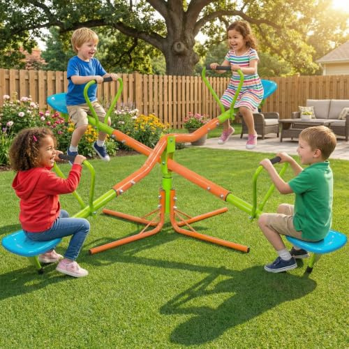 QSOST Wippe Kinder Outdoor 4-Sitzer, 360° drehbare Gartenwippe mit Griffen & Rückenlehnen, robuste Kinderwippe aus Stahl & Kunststoff für Spielplatz, Terrasse, ab 3 Jahren