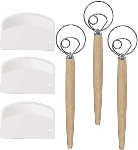 ZOENHOU - Frusta danese con 3 raschietto per impasto, in acciaio INOX, manico in legno, misura grande