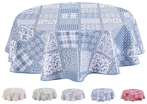 Wachstuch Tischdecke Abwaschbar Rund 155cm Blau Grau