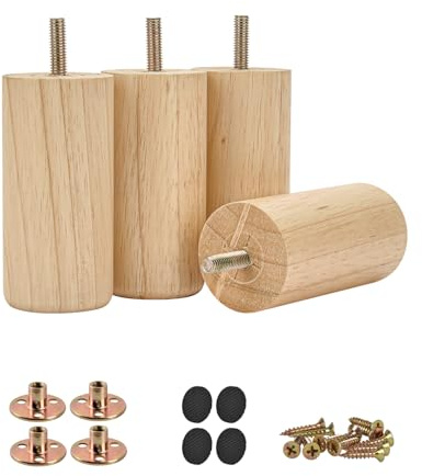 Btowin 10 cm massiva trämöbelben, 4 st moderna runda träfötter med gängade 5/16 tum hängbultar och monteringsplatta och skruvar för bäddskåp