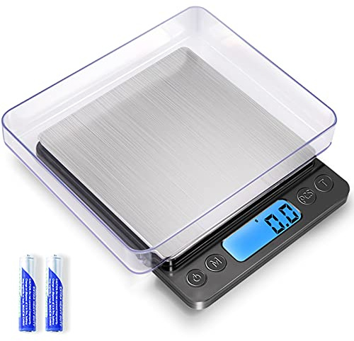 Digital Food Kitchen Scale Upgraded, YONCON 3000g/0.1g High Accuracy Mini Pocket Scale Measures in Grams and oz for Cooking, Baking, Jewelry, Tare Function,2 Trays, LCD Display (Batteries Included)