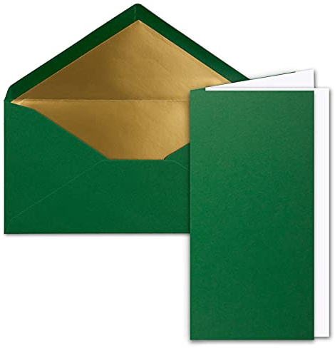 25x Faltkarten-Set DIN Lang inkl. Briefumschlägen mit goldenem Seidenfutter und weißen Einlegeblättern in Dunkelgrün (Grün) - 10,5 x 21 cm - für Einladungen und Grußkarten