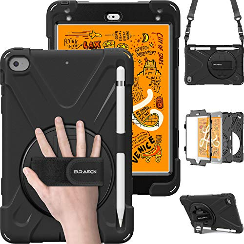 BRAECN für iPad mini 4/5 Hülle : iPad mini 7.9 Zoll Hülle 2019/2015 Schwarz | Robuste Stoßfeste Tragbare Schutzhülle mit Displayschutz, Stifthalter, 360° drehbarer Handgurt und Ständer, Schultergurt