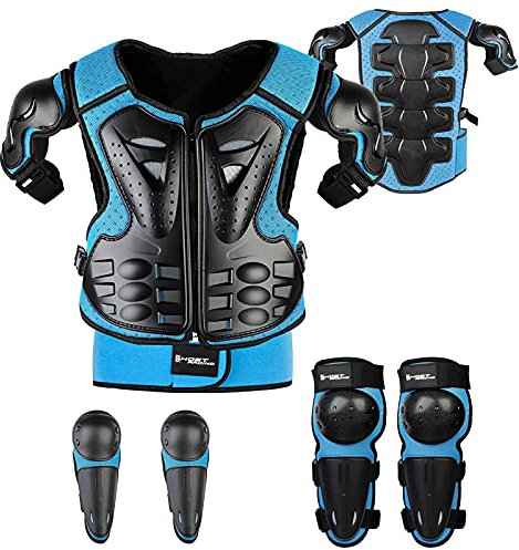 Traje de Armadura de Motocicleta para Niños, Protector de Columna Vertebral en el Pecho,Chaleco de Armadura de Cuerpo Completo,Hombro, Codo, Rodilleras Blue,Talla única