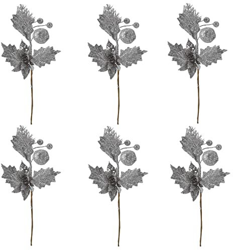 Marooma Púas y aerosoles de Navidad con purpurina, 6 piezas de flores de poinsettia con purpurina de Navidad, con hojas de acebo y bayas para manualidades, decoración de árboles de Navidad
