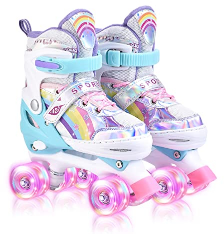 YUDOXN Patines 4 Ruedas, Patines Roller Ajustables,Patines Paralelos con Ruedas Luminosas de Malla Transpirable para Niñas, Niños y Principiantes Tamaño 31-42. (SKK-Pink, S)