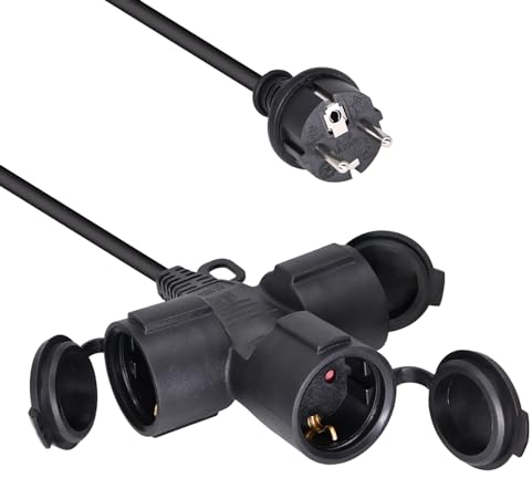 YIDE Verlängerungskabel Outdoor 5m mit 3 Schuko-Steckdosen, Gummi Verlängerung für den Außenbereich IP44, 3 Schutzkontakt Buchsen mit Schutzkappe, Baustellen Stromkabel außen 3500W, 3-Fach Verteiler