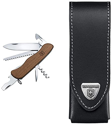Victorinox, Taschenmesser, Forester Wood, 111 mm, braun (10 Funktionen, Klinge, Dosenöffner, Schraubendreher 3 mm, Korkenzieher), Feststellklinge & Leder-Etui (schwarz, 3cm x 12,2cm) schwarz