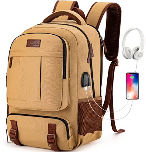 Tzowla Mochila Lona Portatil Hombre,Bolsa para Mujer,Mochila de Vintage Trabajo Viaje para Ordenador Portatil de 15-15,6 Pulgadas,Mochila para Portatil Escolar con Puerto de Carga USB-Amarillo