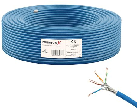 Premium X 50m CAT 8 Netzwerkkabel LAN Kabel Verlegekabel Ethernet Cat8 Installationskabel 40 Gbit/s AWG 23 reines Kupfer S/FTP PiMF PoE Eca Klasse Datenkabel Simplex - Blau