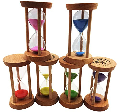 Sharplace 6 Stück Bunte Sanduhren, 0.5/1/2/3/5/10 Minuten, Holz for Kinder | Glas Visueller Timer, Countdown Eieruhr Küchentimer Uhr, Tischdekoration geeignet zum Zuhause, Koche, Klassenzimmer