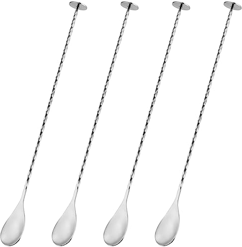 FUNSUEI 4 PCS 27.5cm Long Handle Bar Spoon, Stainless Steel Cocktail Spoons, Spiral Pattern Extra Long Bar Spoon Metal Mixing Spoons for Cocktails, Juices, Cold Drinks