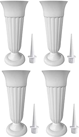 Vasi da cimitero, confezione da 4 vasi in plastica con cono per tomba e fiori commemorativi staccabili con punte per tomba e prato commemorativo, giardino (bianco)