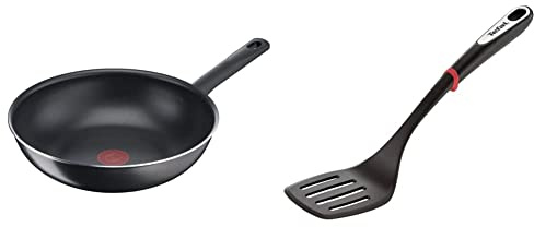 Tefal Day By Day On Poêle Wok 28 cm Antiadhésive Résistante Plaque Electrique Gaz Vitrocéramique Thermo-Signal Fabriqué en France Délicieux Sautés B56419AZ & Spatule Ingenio K20608 | 40cm