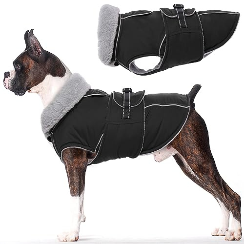 Lelepet Hundejacke Warmer Hundemantel Fleece Gefütterte Winterjacke für Große Hunde, Wind- und Wasserdichtes Hund Schneeanzug, Weiche Hundeweste Winter Outdoor Kostüm (Schwarz, L)