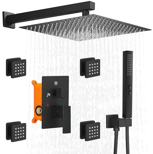 RUMOSE Rainfall Shower System with 4 Full Body Jet 4 Mode Shower Faucet Set with 12 Inch Rain Shower Head and 2 in 1 Handheld Spray, Matte Black Brass Shower Jet Shower Fixtures, Wall Mounted