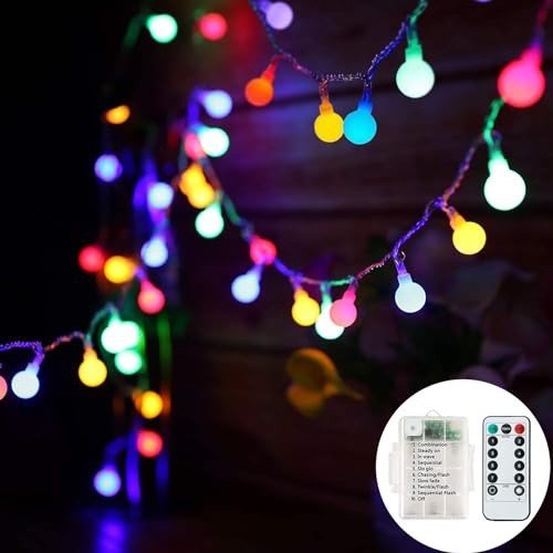 Qillnyy Cadena de luces con batería de 7M y 60 LED, esfera con 8 modos de iluminación ajustables, impermeable para interior, exterior, Navidad (multicolor)