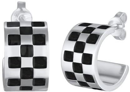 Kuzzoi Herren Ohrringe Creolen (14mm) im Retro Design aus 925 Sterling Silber Ohrstecker für den Mann mit Schachbrett Muster aus Email