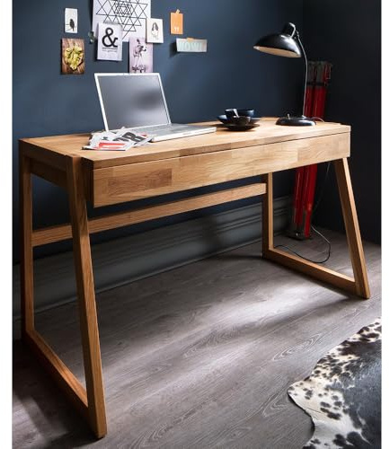 Lomadox Schreibtisch Arbeitstisch Bürotisch Eiche Wildeiche Massivholz 1 Auszug mit Unterteilung Softclose 126x77x55 cm