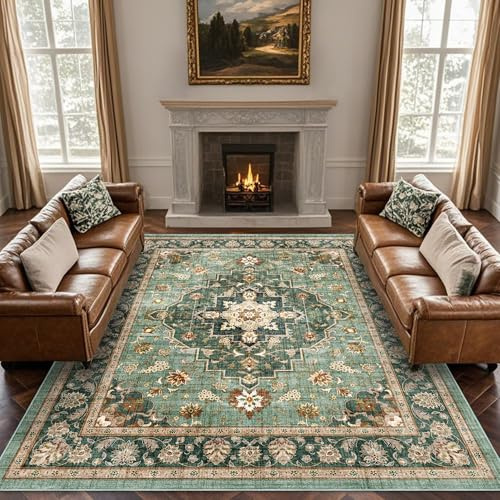Brevonox Area Rug for Living Room - Indoor Machine Washable Vintage Rug for Bedroom Dinning Room Floor - Soft Floral Carpet Non-Slip Backing Low-Pile Rugs Office (Forest Green, 8' × 10')