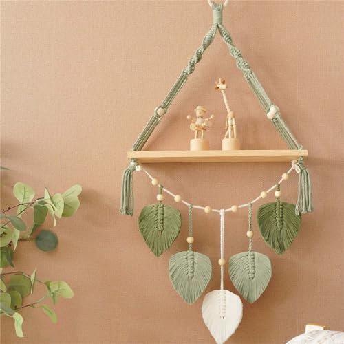 CULASIGN Hängeregal Holz, Makramee Wandbehang Boho Blätter Schweberegal Handgewebte Schwimmende Regal Wanddeko für Schlafzimmer Wohnzimme Balkon Küche