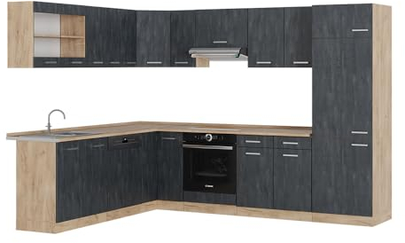 Vicco Eckküche R-Line, Schwarz Beton/Goldkraft Eiche, 227 x 287 cm AP Eiche