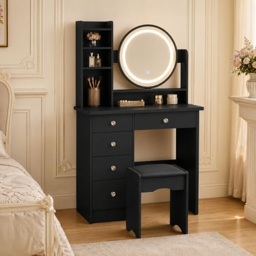 Caldion Schminktisch mit Spiegel,Beleuchtung,Schminktische mit 5 Schubladen,Regalen,Frisiertisch mit Hocker Kosmetiktisch Schwarz,Kommode und gepolstertem Hocker-Set 135 * 80 * 40cm