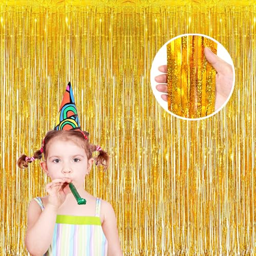 Lametta Vorhang Gold 2 Stück (1m x 3m) | Metallisch Glitzernder Tinsel Vorhang mit Fransen | Funkelnde Hintergrunddekoration für Weihnachten, Silvester, Geburtstag, Hochzeit & Bühnendekor
