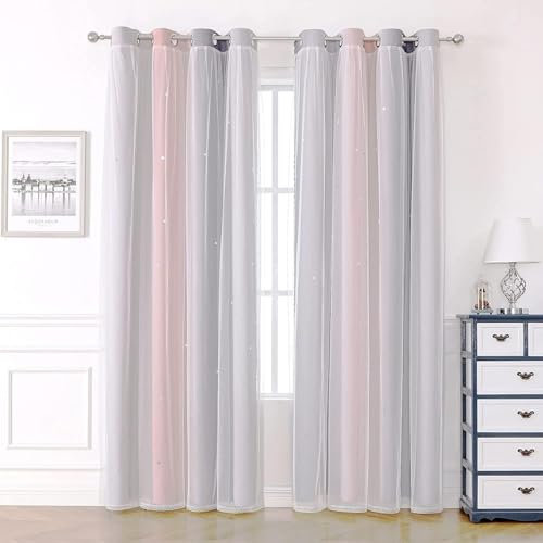 Blackout Curtains for Bedroom Living Room Nursery Thermal Eyelet Kids Baby Girls,Voile Net Curtains for Windows,Pair 2 Panel Soundproof 52 x 54 inch Drop Black Out Pink Grey