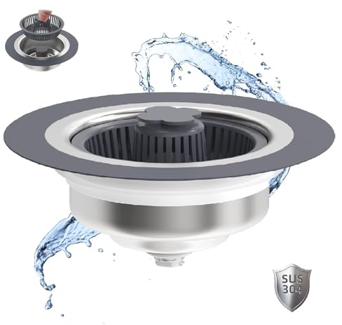 Filtre de vidange d'évier de cuisine 3 en 1, filtre pop-up pour évier de cuisine, anti-encrassement en acier inoxydable, bouchon et couvercle pour vidange standard américaine de 8,9 cm