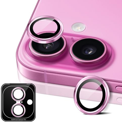 MiRowy Pellicola Fotocamera per iPhone 16/iPhone 16 Plus, 9H Vetro Temperato Copri Anello Individuale in Metallo Cámara Protector, HD Chiaro, Pellicola Protettiva Obiettivo Fotocamera, Rosa