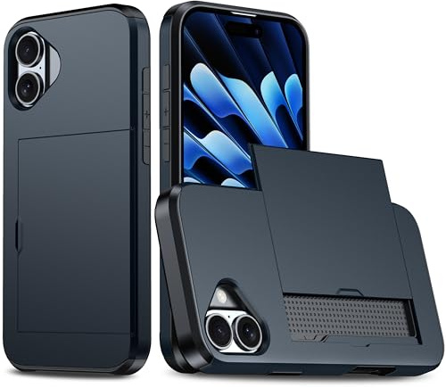 XYZNTMF for iPhone 16 Case iPhone 16 Shockproof Case with Card Holder Soft Silicone Bumper Matte Hard PC Shell Heavy Duty Protective Skin Cover Armor Rubber iPhone 16 Phone Case, Dark Blue