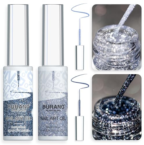 BURANO Silver Gold Reflective Glitter Gel Nail Polish Liner Gel LX27 LX22 | Holographic Glitter Gel Nail Polish Glitters 2 Bottle, Long Wearing No Chip, ThinBrush, Curing Required for DIY Home & Salon
