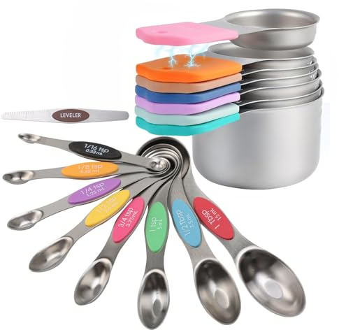 Magnetische Messbecher und Löffel Set aus Edelstahl,doppelte Messmarkierungen,mit 7 Messbecher 8 doppelseitige Messlöffel 1 Wasserwaage,für trockene und flüssige Zutaten