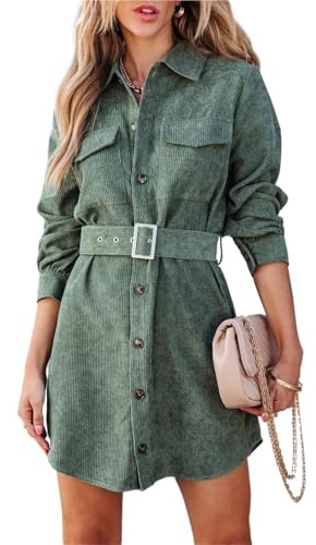 Kvinnors manchester långärmade korta klänningar Höst Vinter Button Down Work Tunikaklänning med ficka(Green,M)