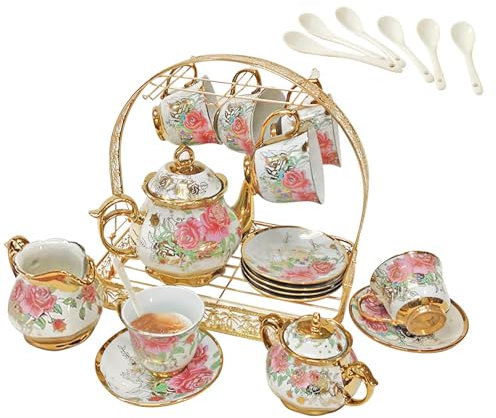 Set di 22 tazze da tè e piattino, in porcellana, di lusso, in ceramica, con grande supporto in metallo, tazza da tè con fiore da 220 ml, teiera da 1100 ml, set per feste, matrimoni, regali