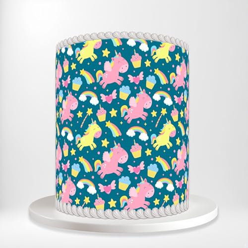 Pink Yellow Unicorns Rainbows Stars Cupcakes Playful Wrap Around Print A4 Edible Paper Icing Sheet Cake Topper Side Ribbon Border Decor for Personalised Themed Decorations