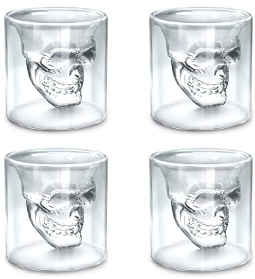 Touch Life Set of 4 MINI 25ml Crystal Skull Shot Glass Double Layer Transparent Skull Pirate Shot Glasses, Halloween Funny Crystal Drinking Cup,Whiskey Glasses,Cool Beer Cup for Wine Cocktail Vodka