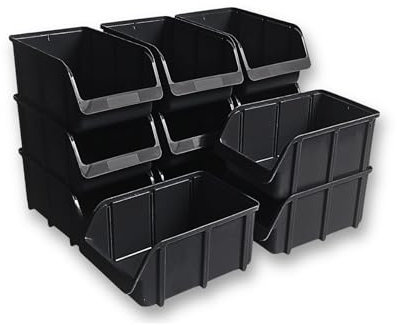 Hünersdorff 12 cajas apilables, tamaño 4, de polipropileno irrompible, recicladas, ideal para sistemas de ordenación y clasificación, placas de pared, estanterías, estanterías de taller, color negro