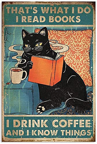 Metal Wall Decor, Garden Sign, Gift Street Sign – Vintage Cat Sign Kitty Biscuits Read Books Drink Coffee Metal Wall Art, 8x12 Inch