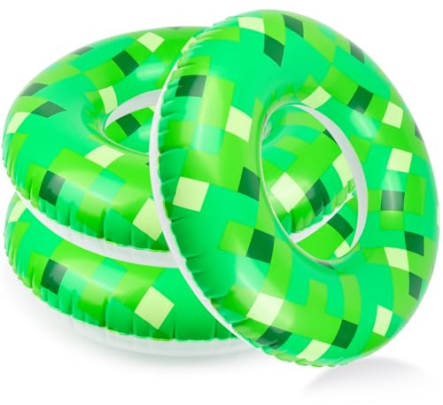 3PCS 24Inch Green Pixel Themed Inflatable Pool Floats - Vibrant Pool Floats for Summer & Pool Tubes for Kid - Durable Party Decorations for Themed Pool Parties,Game Night Events & Backyard Water Fun