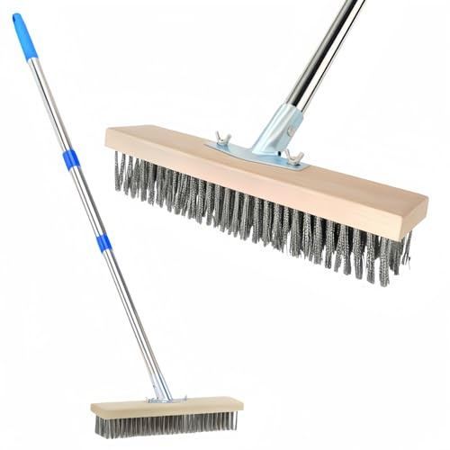 Heavy Duty Stainless Steel Outdoor Garden Wire Broom, Yard Brush with Long Handle, 12 Inch Deck Scrub Stiff Brush Outdoor Broom for Garage,Patio, Deck, Swimming Pool